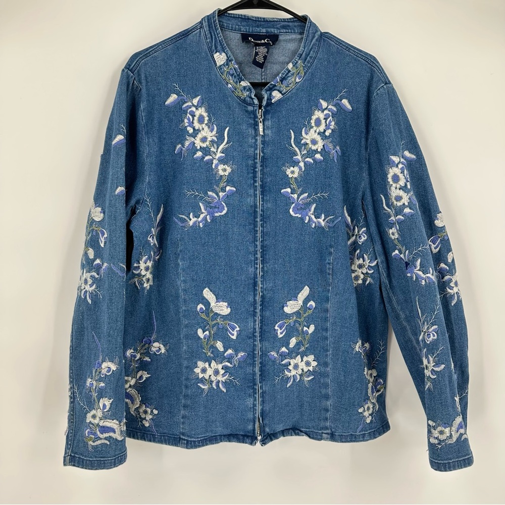 Vintage Denim&Co floral embroidered denim zip up Cardigan Sz Large cotta…